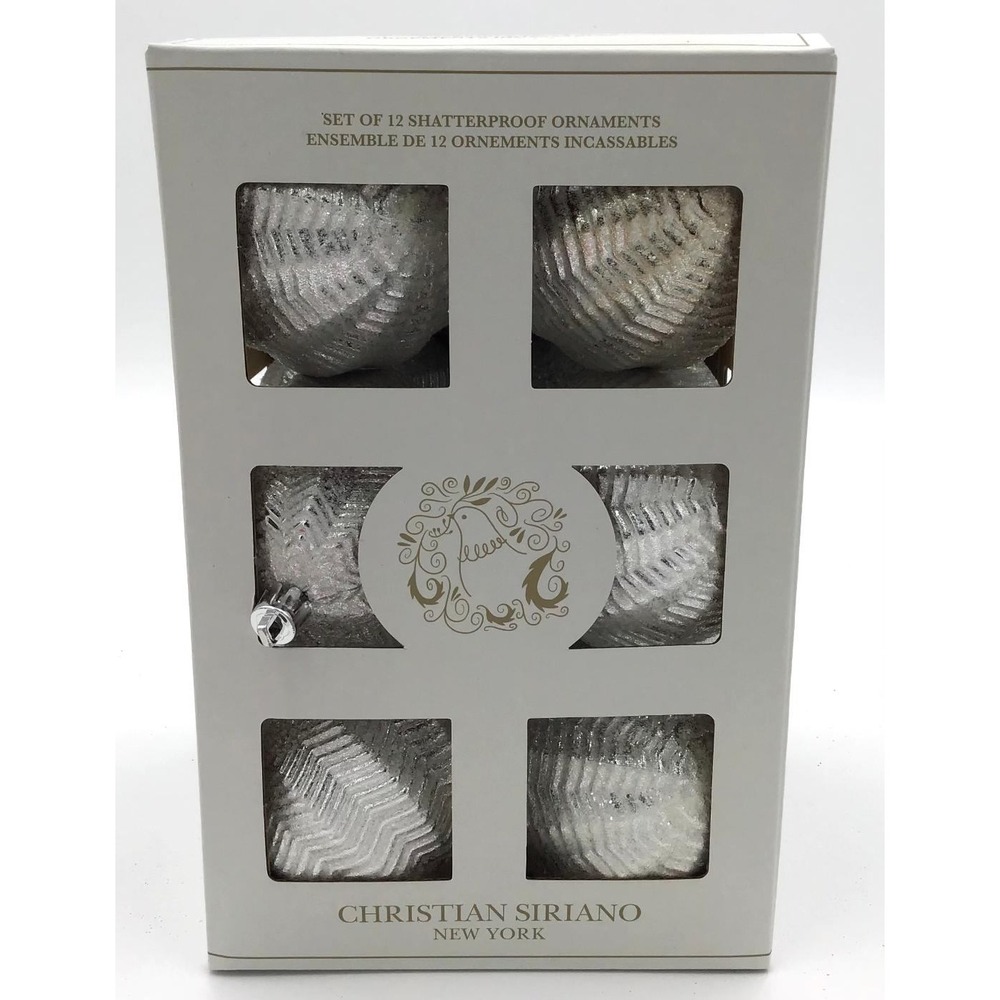 Christian Siriano New York 12 Shatterproof Christmas Ornaments Silver White Glam